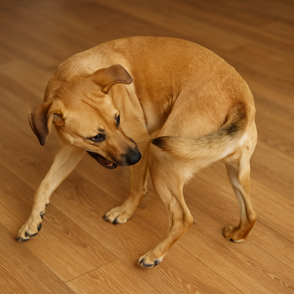 dog chasing its tail indoors, showing why do dogs chase their tails