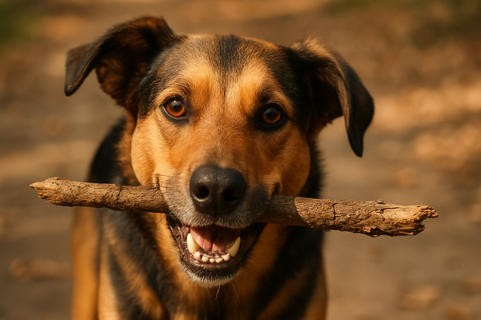 dog holding stick outdoors
